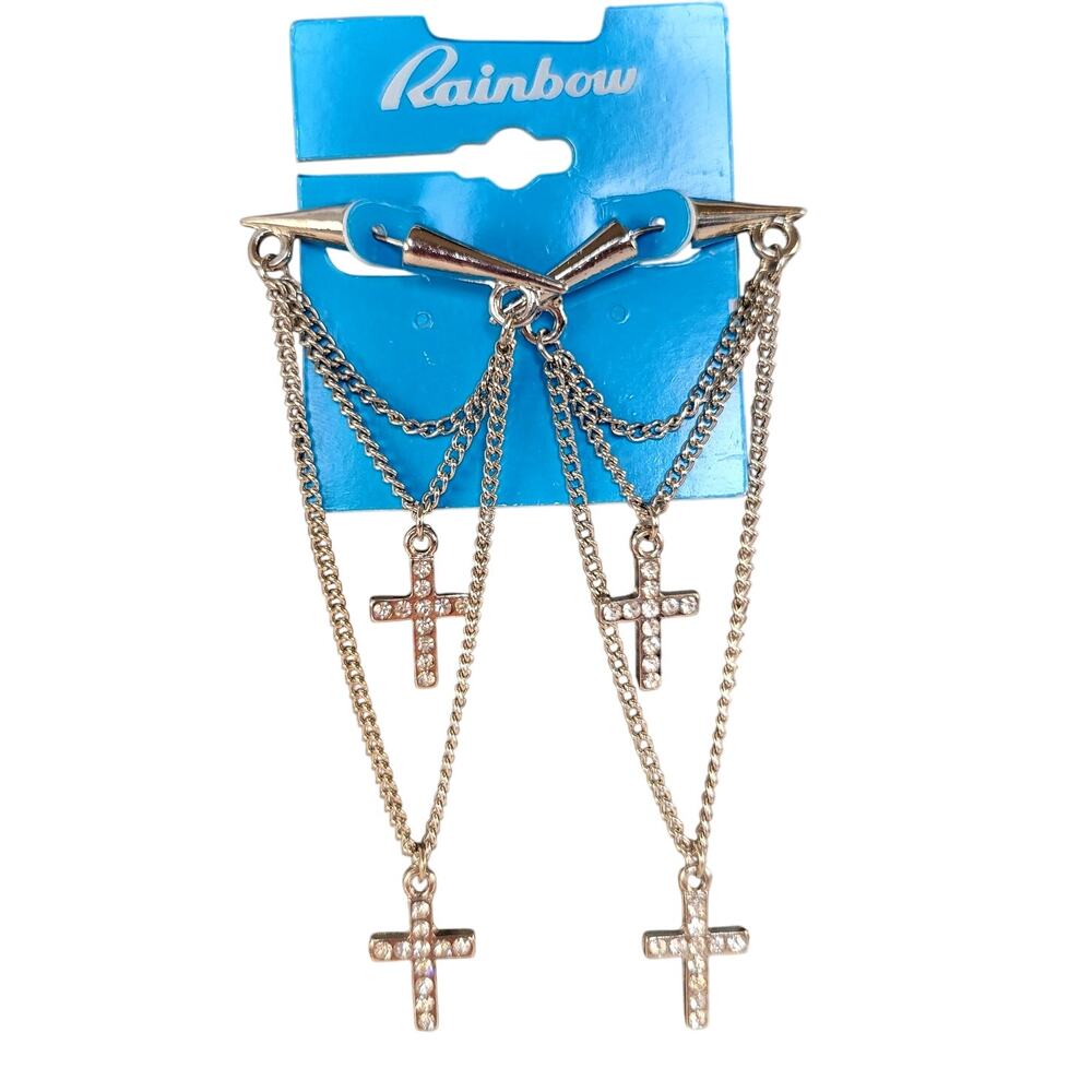 Silver Tone Multi Cross Layered Chain Pierced Earrings 3.5" Rhinestone Edgy Punk